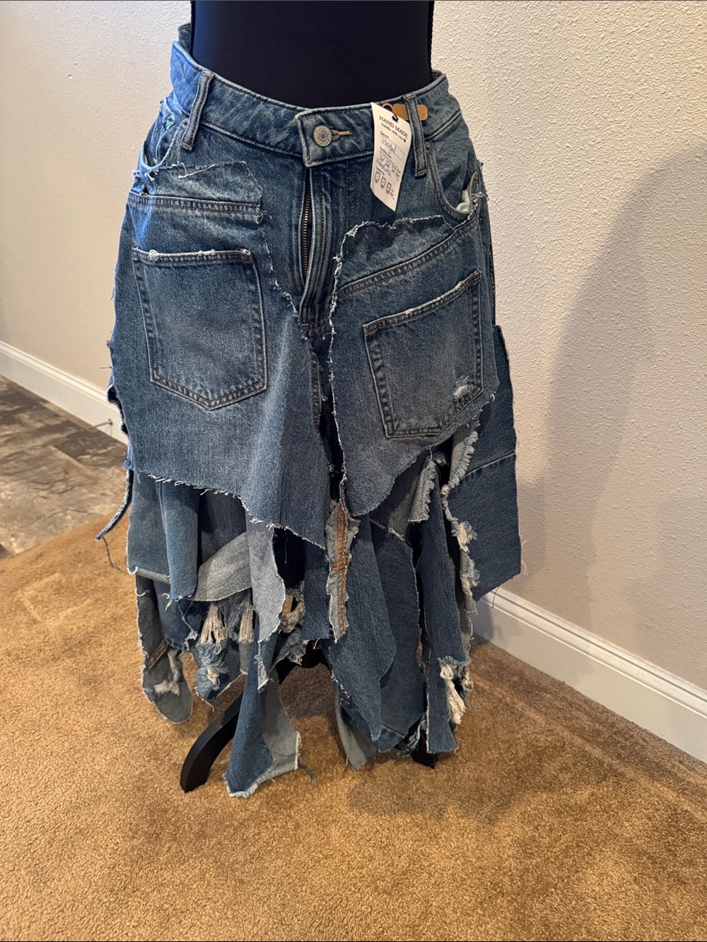 Lucky Brand Patchwork Distressed Denim Asymmetrical Skirt in Medium Blue